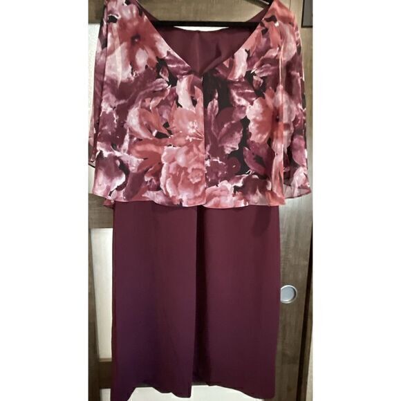 CONNECTED APPAREL Womens Burgundy Flora Cape Below The Knee Shift Dress Plus 20W - Picture 9 of 13